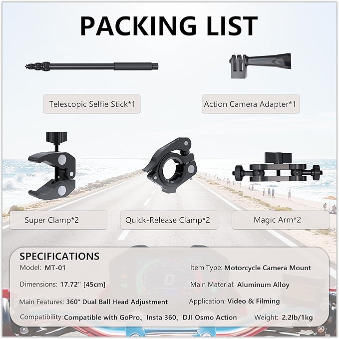 Motorcycle Camera Mount for Insta 360 x5, Adjustable GoPro Bike Extension Pole - Image 8