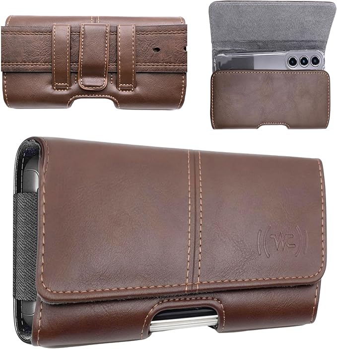Leather Phone Holster for Men, Horizontal Cell Phone Case, Fits iPhone 17/17 by WirelessCity