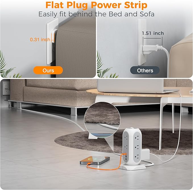 15 ft Extension Cord Tower Power Strip, 11 Outlets 3 USB Chargers, TESSAN Surge - Image 4