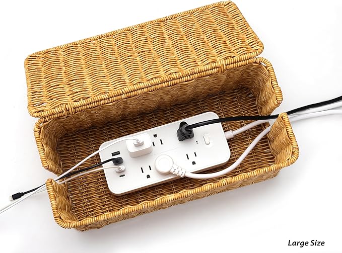 2Pack Large Cable Management Box, Handwoven Imitation Rattan Cord Organizer - Image 5