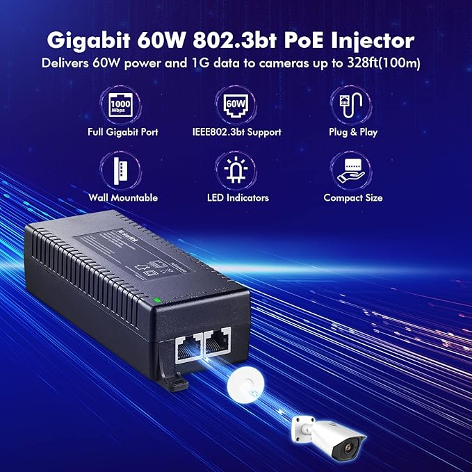 MokerLink Gigabit PoE Injector, 802.3af/at/bt 60W, 10/100/1000Mbps Ethernet - Image 2