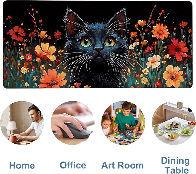 Black Cat and Flowers Gaming Mouse Pad 3mm Thick Stitched Edge Waterproof - Image 5