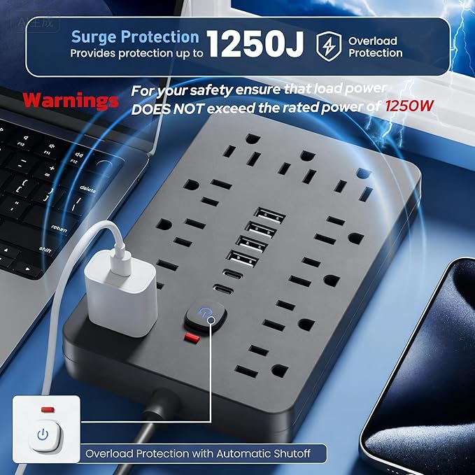 5 FT Flat Plug Surge Protector Power Strip, 11 Multiple AC Outlets - Image 7