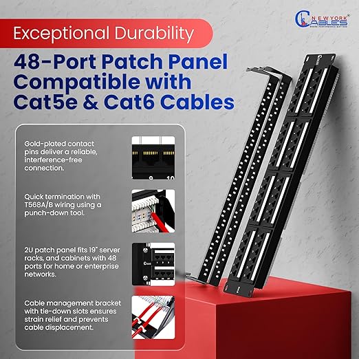 NewYork Cables 48 Port Cat6 Patch Panel – 10Gb Ethernet, 2U Rackmount 19-Inch - Image 4