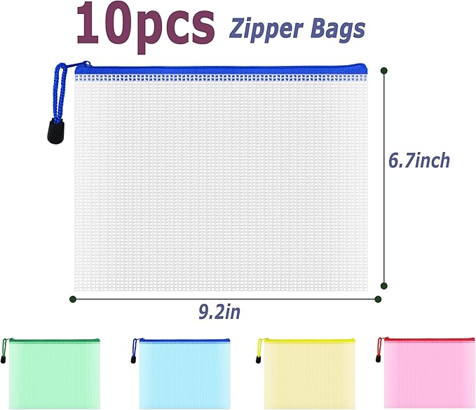 AUSTARK 10 Pcs Zipper File Bags, Waterproof Plastic Mesh Pouch - Image 2