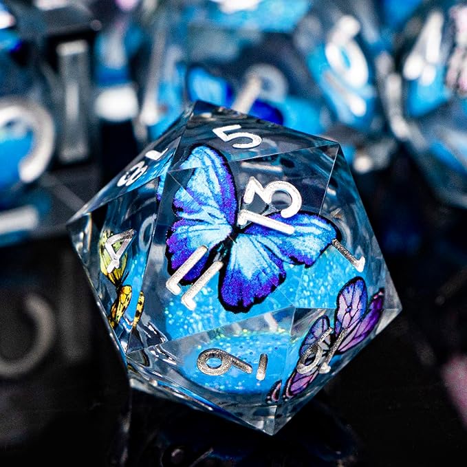 Butterfly DND Dice Blue-Black Liquid Core Dice Set by ORIFANTOU