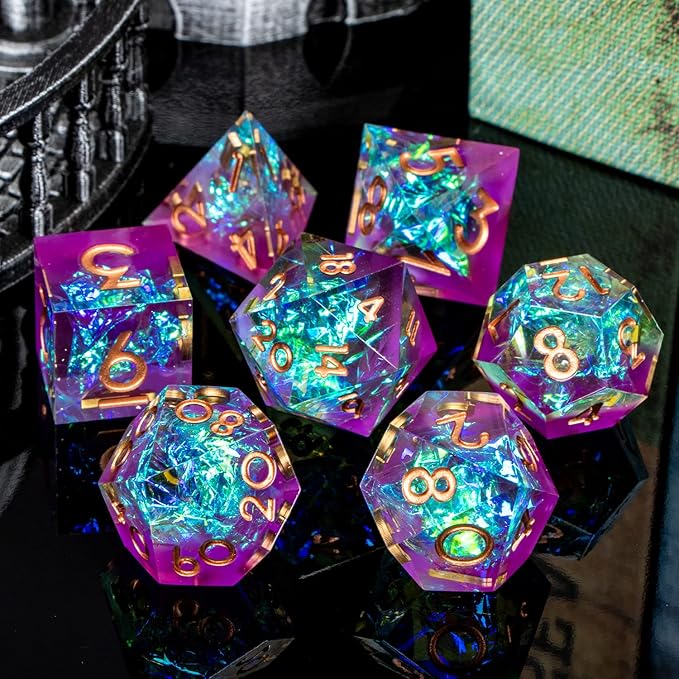 ARUOHHA DND Resin Dice Set 7Pcs Handmade Glitter Inclusions Sharp Edge Dice - Image 6