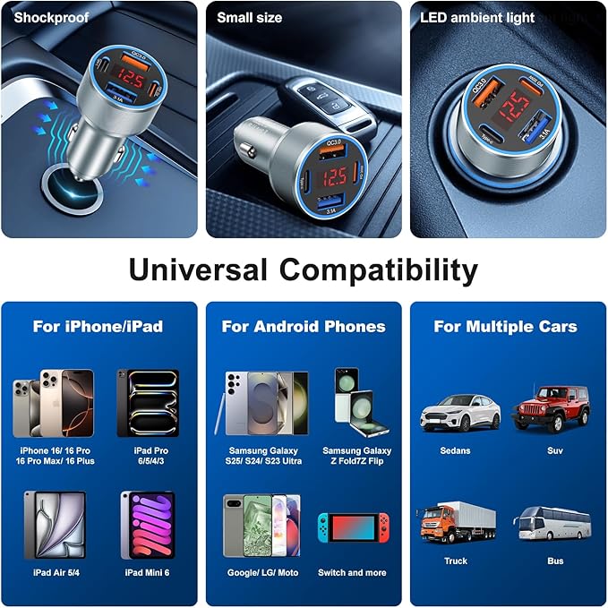 iPhone Fast Car Charger, 65W 4-Port USB C Car Phone Charger Adapter - Image 8