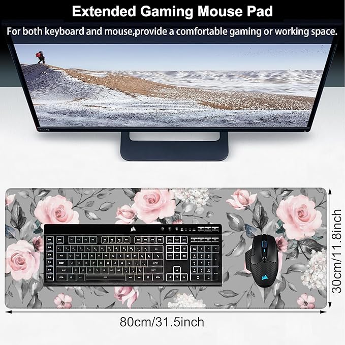 Pink Roses Desk Mat, Large Spring Blooming Flowers and Leaves Gaming Keyboard - Image 2
