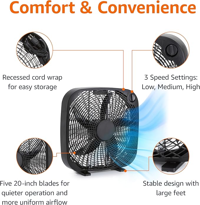 Amazon Basics 3 Speed Box Fan, Indoor Electric Fan - Image 2