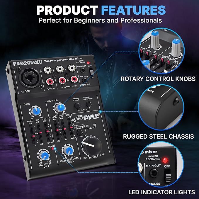 Pyle 5-Channel Professional Audio Mixer DJ Sound Board – Compact Music Mixer - Image 6