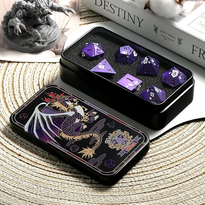 Matt Purple D&D Metal Dice, DNDND 7 PCS Heavy Metallic DND Dice Set - Image 3