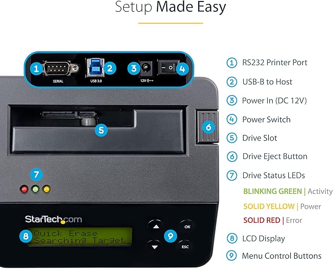 StarTech.com Single Bay Hard Drive Eraser, Standalone HDD/SSD Disk - Image 4