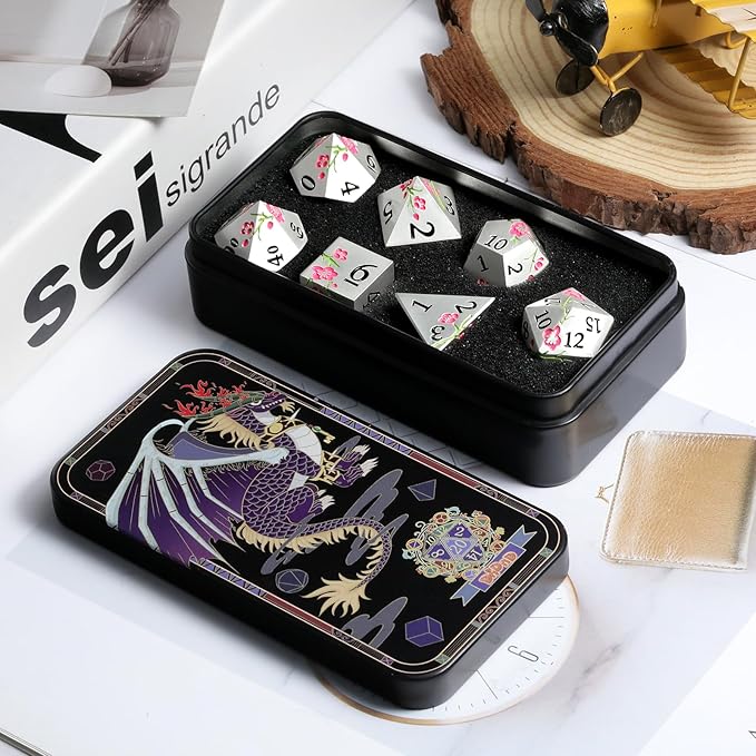 Metal Dungeons and Dragons Dice DNDND 7 PCS Heavy Metallic Flower D&D Dice Set - Image 4