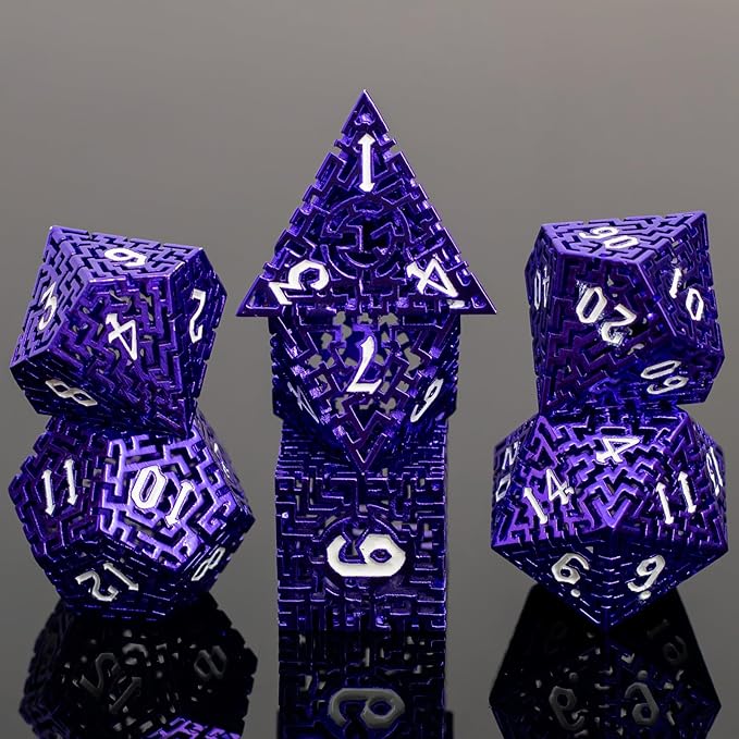 Purple Metal Hollow DND Dice Set Metallic Luster Maze Design by Unknown