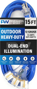 15 ft - 12 Gauge Heavy Duty Extension Cord - Lighted on Both Ends - SJTW Blue - by PremierWire