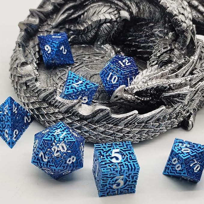 Blue Metal Hollow DND Dice Set Metallic Luster Maze Design - Image 8