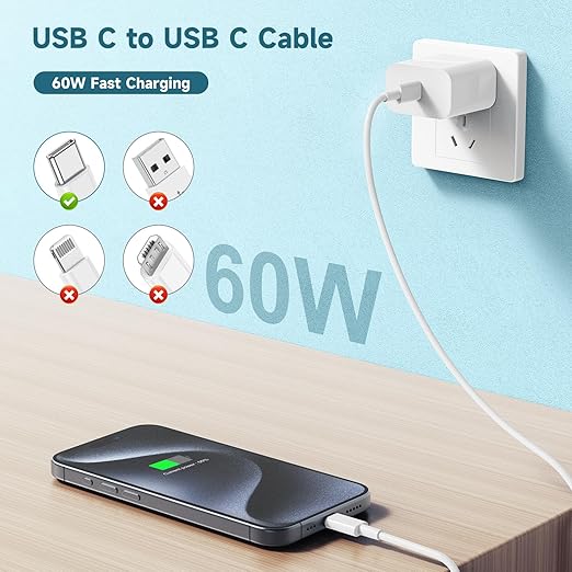 60W USB C to USB C Cable 3Pack iPhone 15 Fast Charging Cable, USB-C to USBC - Image 2