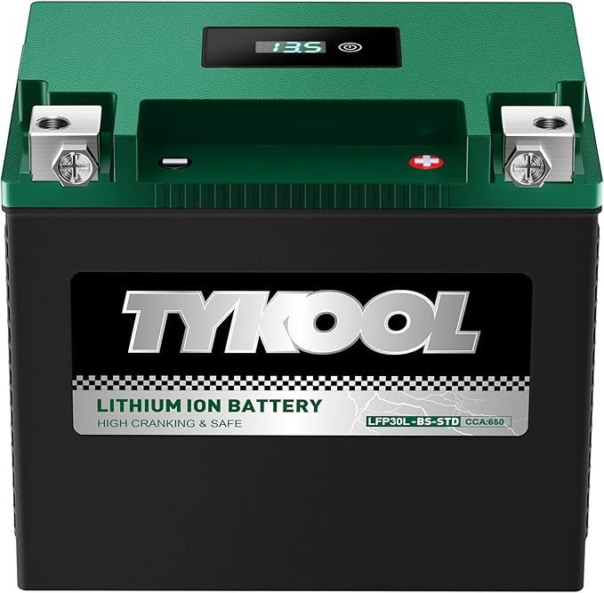 TYKOOL YIX30L-BS-STD, Lithium LiFePO4 Motorcycle Battery 12v, Digital Readout by TYKOOL