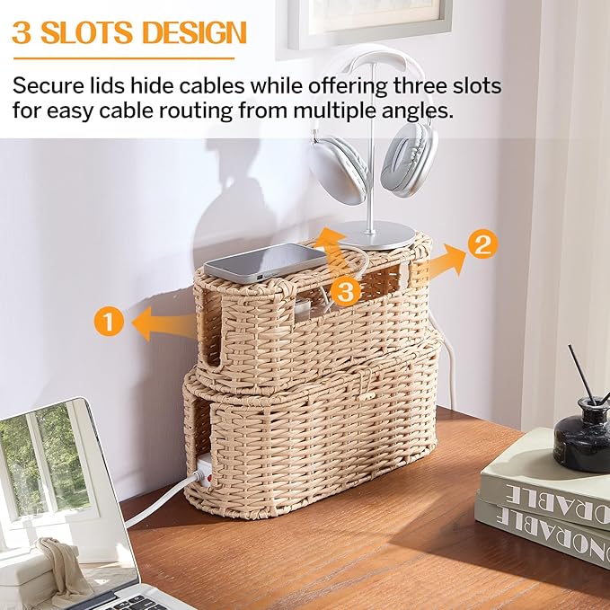 FairyHaus Cable Management Box 2Pack Cream, Handwoven Large and Small Cable - Image 6