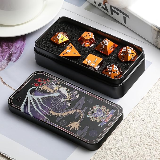 Orange Metal Dice D&D, DNDND 7 PCS Heavy Metallic DND Dice Set - Image 5