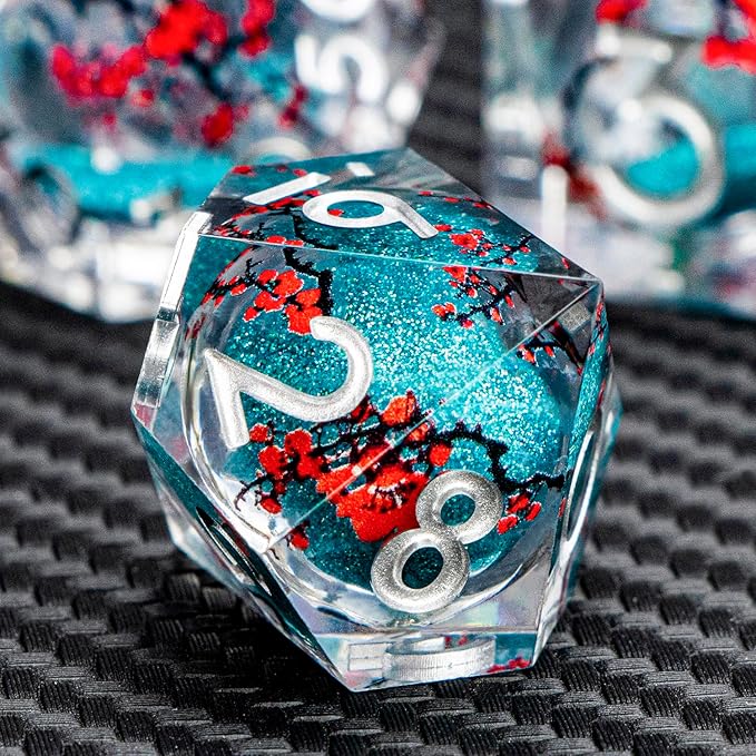 ARUOHHA DND Resin Dice Plum Blossom Liquid Core Dice Silver Blue Sharp Edged - Image 5