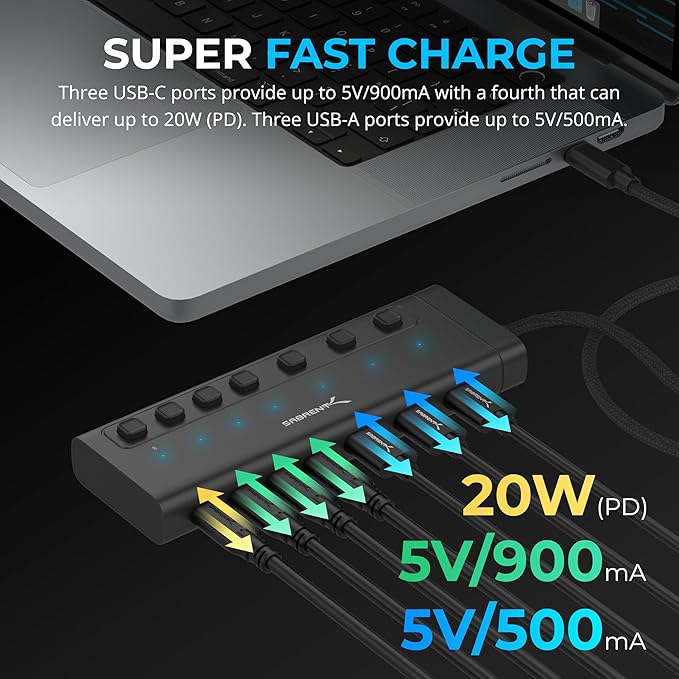 SABRENT 7-Port USB-C Hub with Power Switches, 5Gbps USB 3.2, 48W Powered Hub - Image 3
