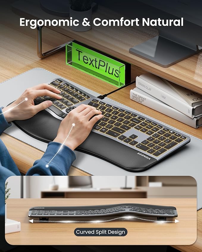 seenda 7-Color Backlit Wired Ergonomic Keyboard, KUW01 USB & Type-C Wired Split - Image 3