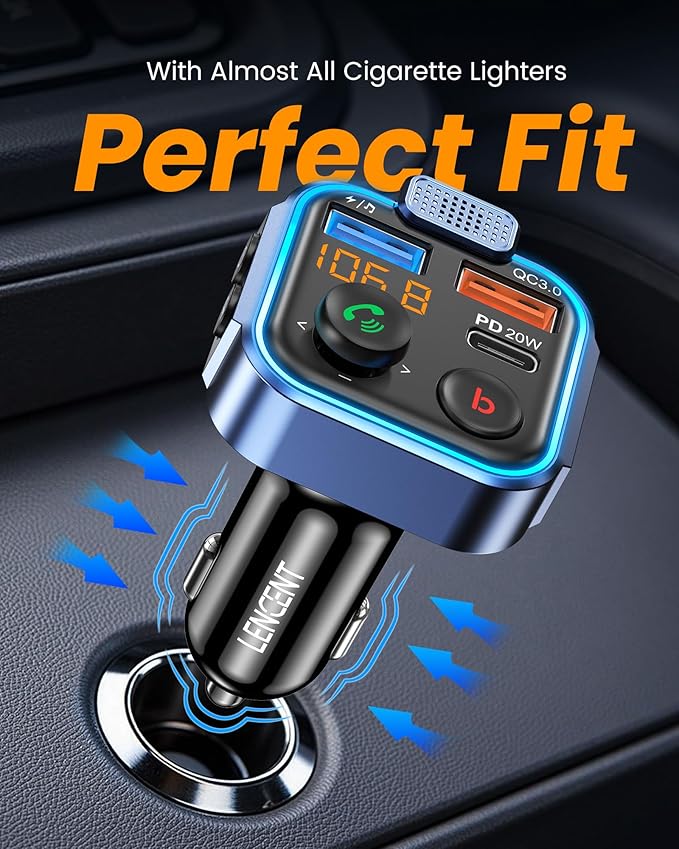 LENCENT FM Transmitter in-Car Adapter, Type-C PD 20W+ QC3.0 Fast USB Charger - Image 7