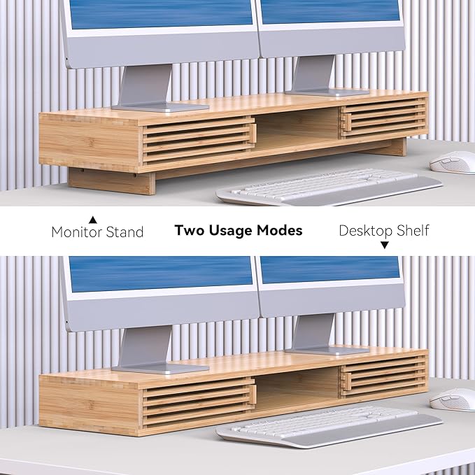 Dual Monitor Stand Riser with Sliding Door, Double Computer Laptop Stand Desk - Image 7