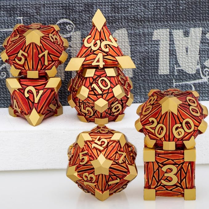 Metal DND Dice Set Golden Red Debris RPG D and D Dice - Image 5
