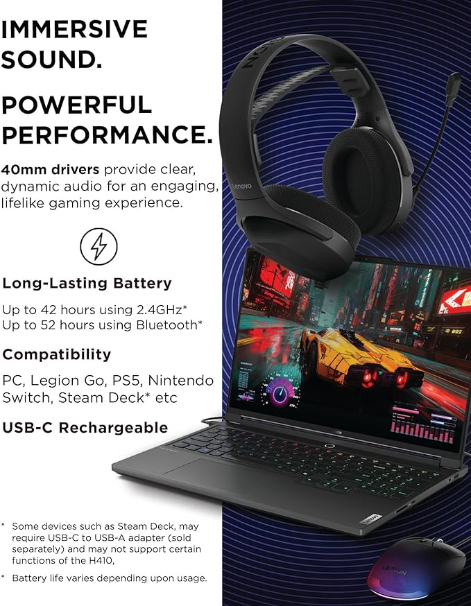 Lenovo Legion H410 Wireless Gaming Headset, Lightweight, Adjustable Headband - Image 5
