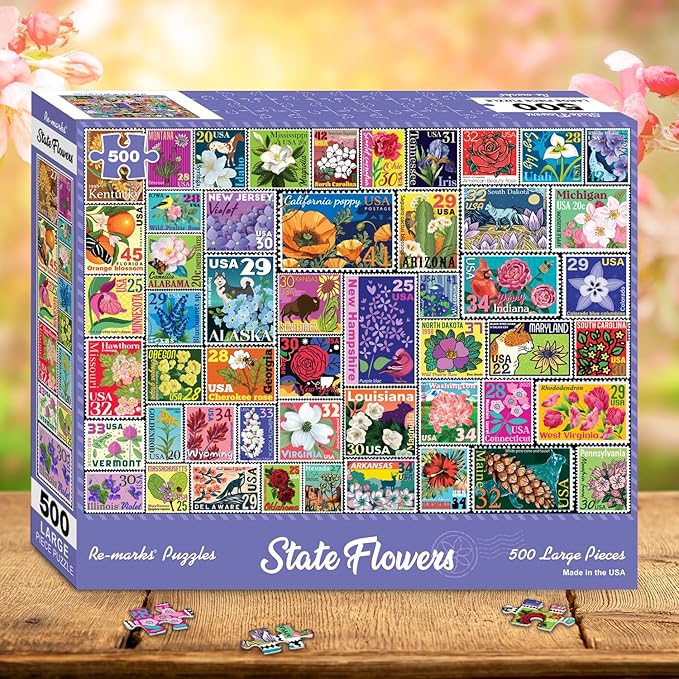 Re-marks State Flowers Stamp Collage Jigsaw Puzzle, 500 Large Piece Jigsaw - Image 5