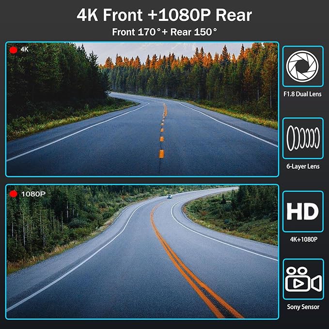 Mirror Dual Dash Camera for Car, Dashcam 4K Front 1080P IMX307 Rear View/ADAS - Image 2
