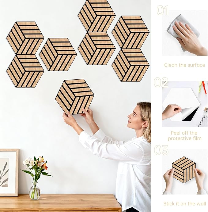 Mollywell Hexagon Acoustic Panels, Natural Oak TH4, 12 Pack |Wood Veneer|High - Image 6