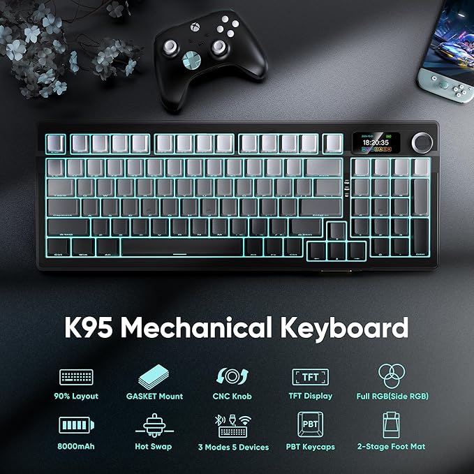 RedThunder K95 Wireless Mechanical Keyboard, TFT Screen & Knob, Trip-Modes - Image 2