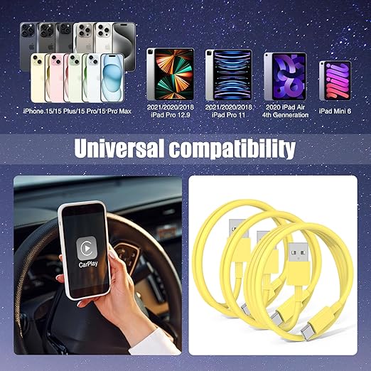 3-Pack Yellow USB A to USB C Cable，USB to USB C Car Carplay Cable - Image 6