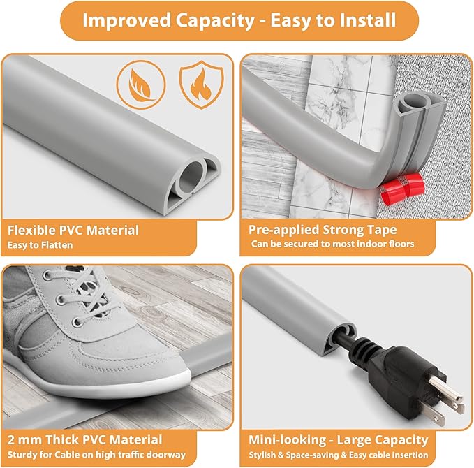 12ft Cord Cover Floor for Extension Cords, Self-Adhesive Floor Cable Cover to - Image 5