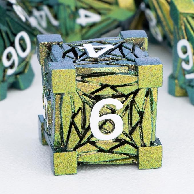 7PCS Metal DND Dice Set with Box, Debris RPG Green Yellow D and D Dice - Image 3
