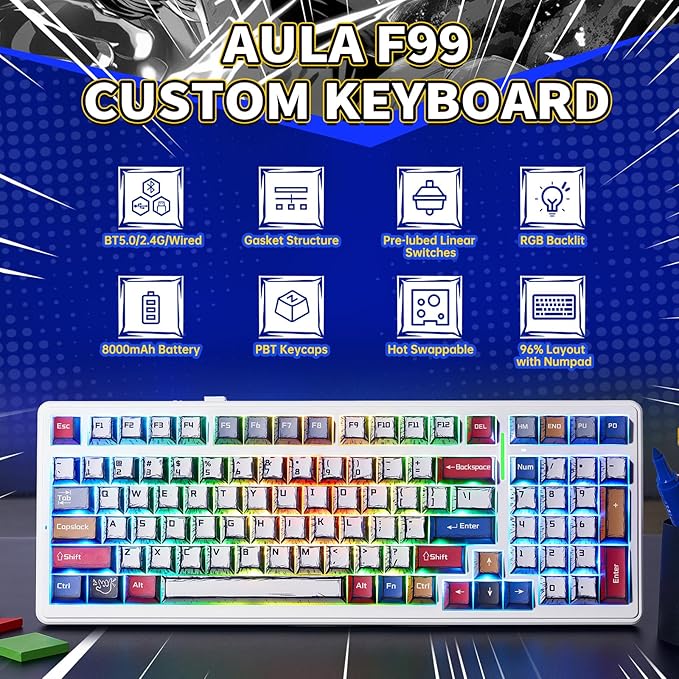 x Aula F99 Wireless Gaming Keyboard, RGB Backlit, Tri-Mode BT5.0/2.4GHz/USB-C - Image 2