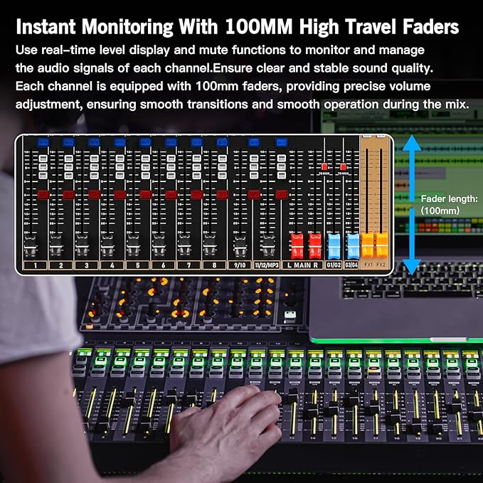 Digital Mixer 16 Channel, Sound Board Mixing Console, Dual DSP Reverb, Dual - Image 3