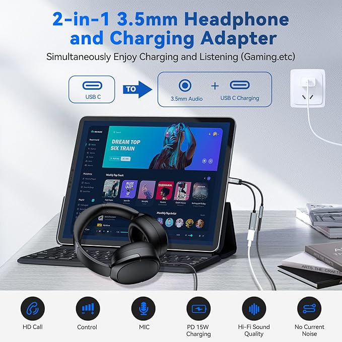 USB C Splitter for KZ ZS10 PRO, CCZ CA01 USB C to 3.5mm Audio Headphone and - Image 2