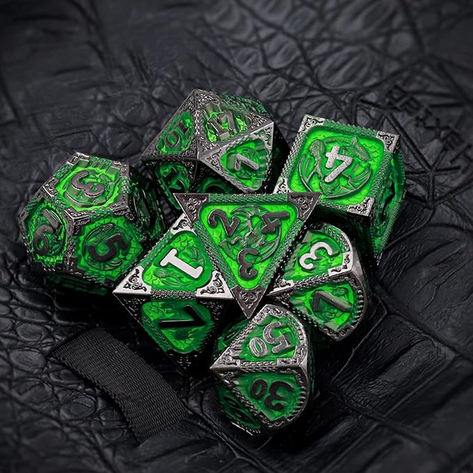 Haxtec Metal Dice Set Green Black Dragon Pattern Metal DND Dice - Image 4
