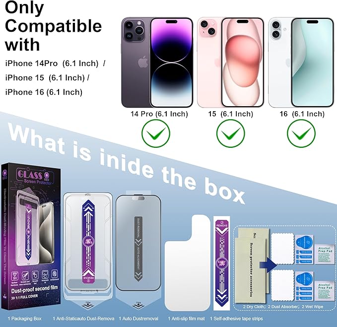 2 Pack Matte Screen Protector for iPhone 16 and 14 Pro 6.1-Inch Auto Dust - Image 2