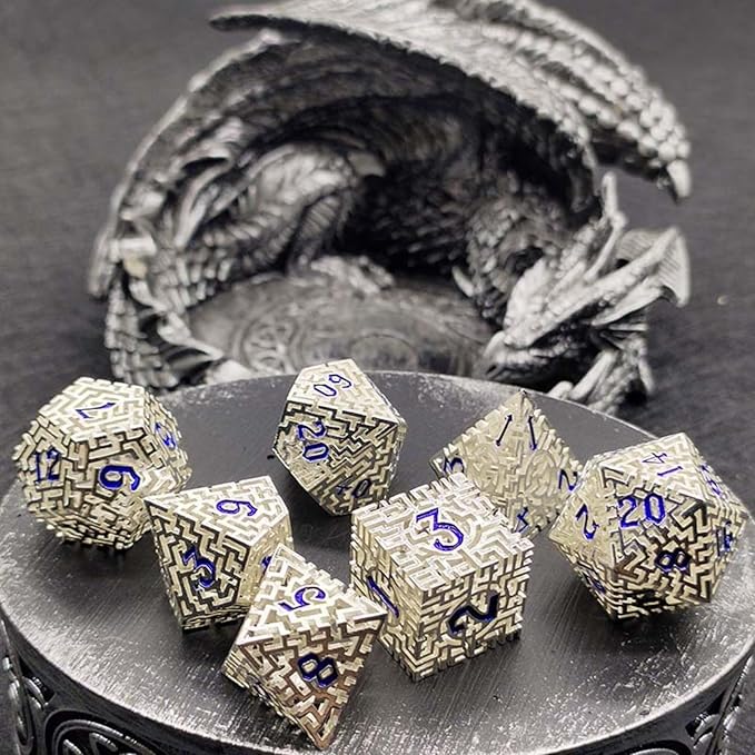 Silver Metal Hollow DND Dice Set Metallic Luster Maze Design - Image 7