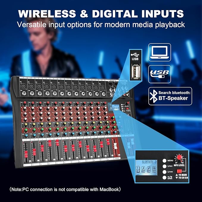 12 Channel Audio Mixer, Professional Music Mixer Board DJ Mixing Console - Image 4