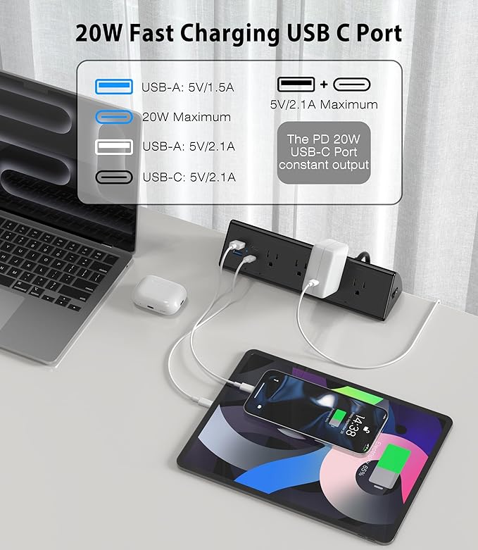 Jgstkcity Desk Clamp Power Strip, 20W Fast Charging Station, Surge Protector - Image 3