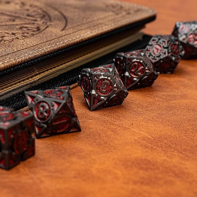 Red Black Nickel Finish Heavy Metal DND Dice Set - Image 4