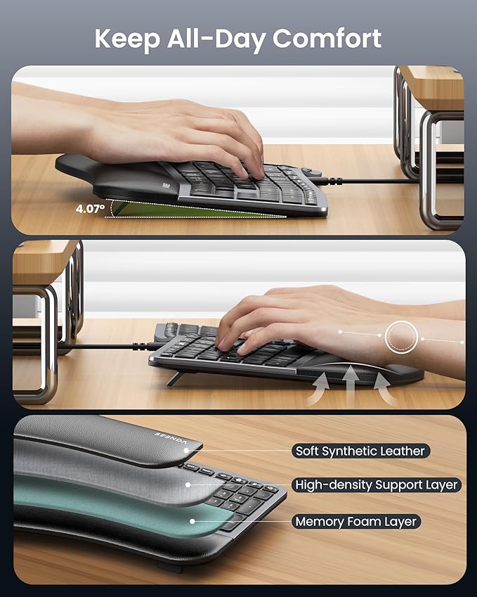 seenda 7-Color Backlit Wired Ergonomic Keyboard, KUW01 USB & Type-C Wired Split - Image 4
