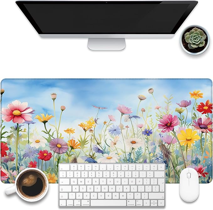 Large Gaming Mouse Pad, Colorful Wildflowers in Field Desk Mat, Watercolor by KOAIWPAE